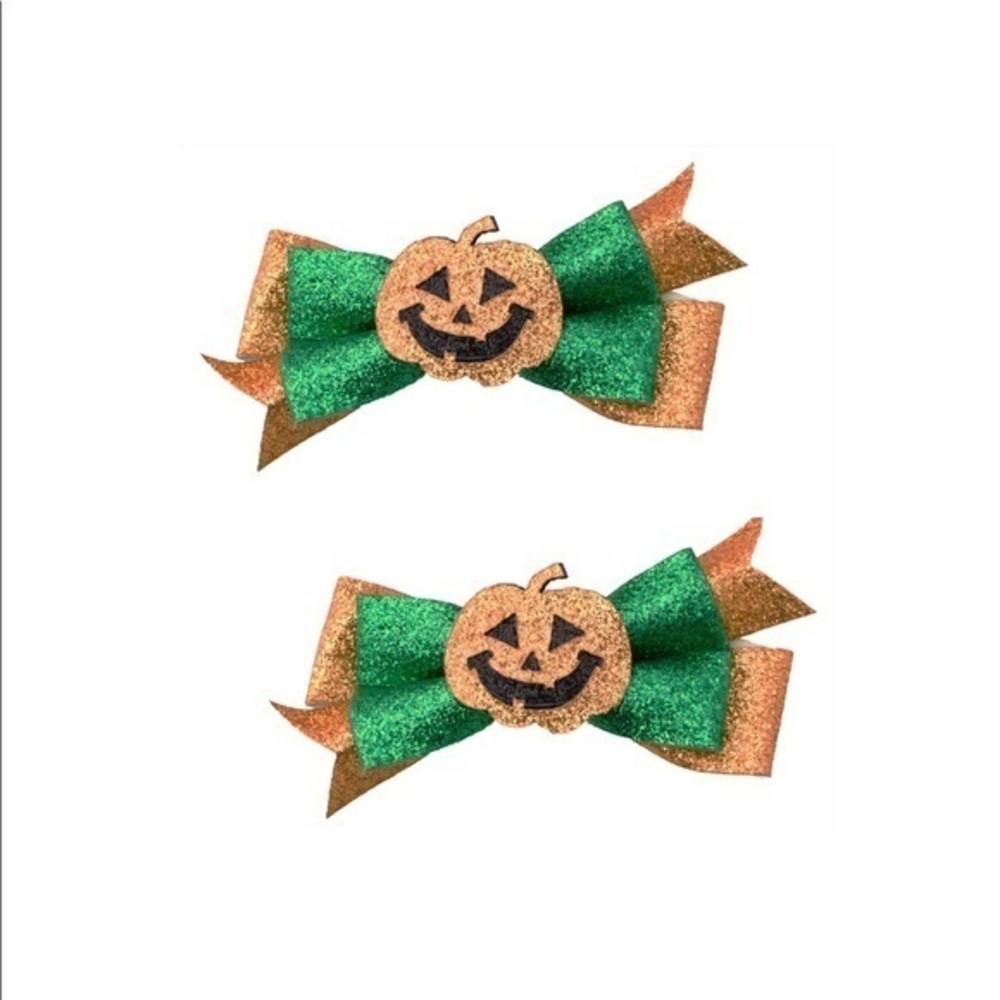 4/$15 “MIX & MATCH” HALLOWEEN Glitter pumpkin bow hair clips 2 ct